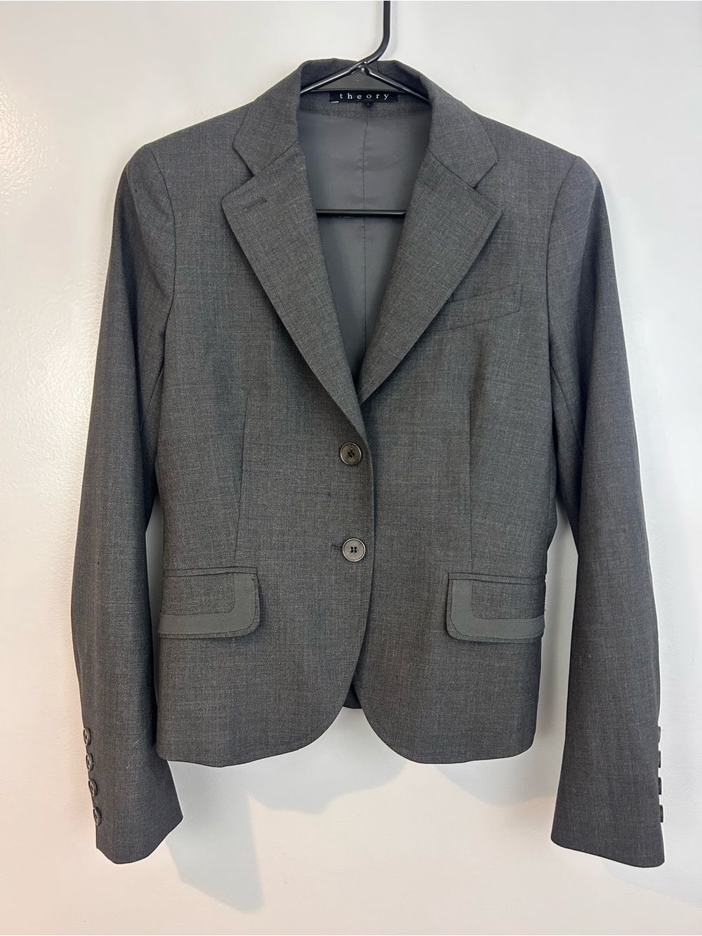 Theory Grey Wool Double Button Classic Blazer Jacket Size 4 FLAW